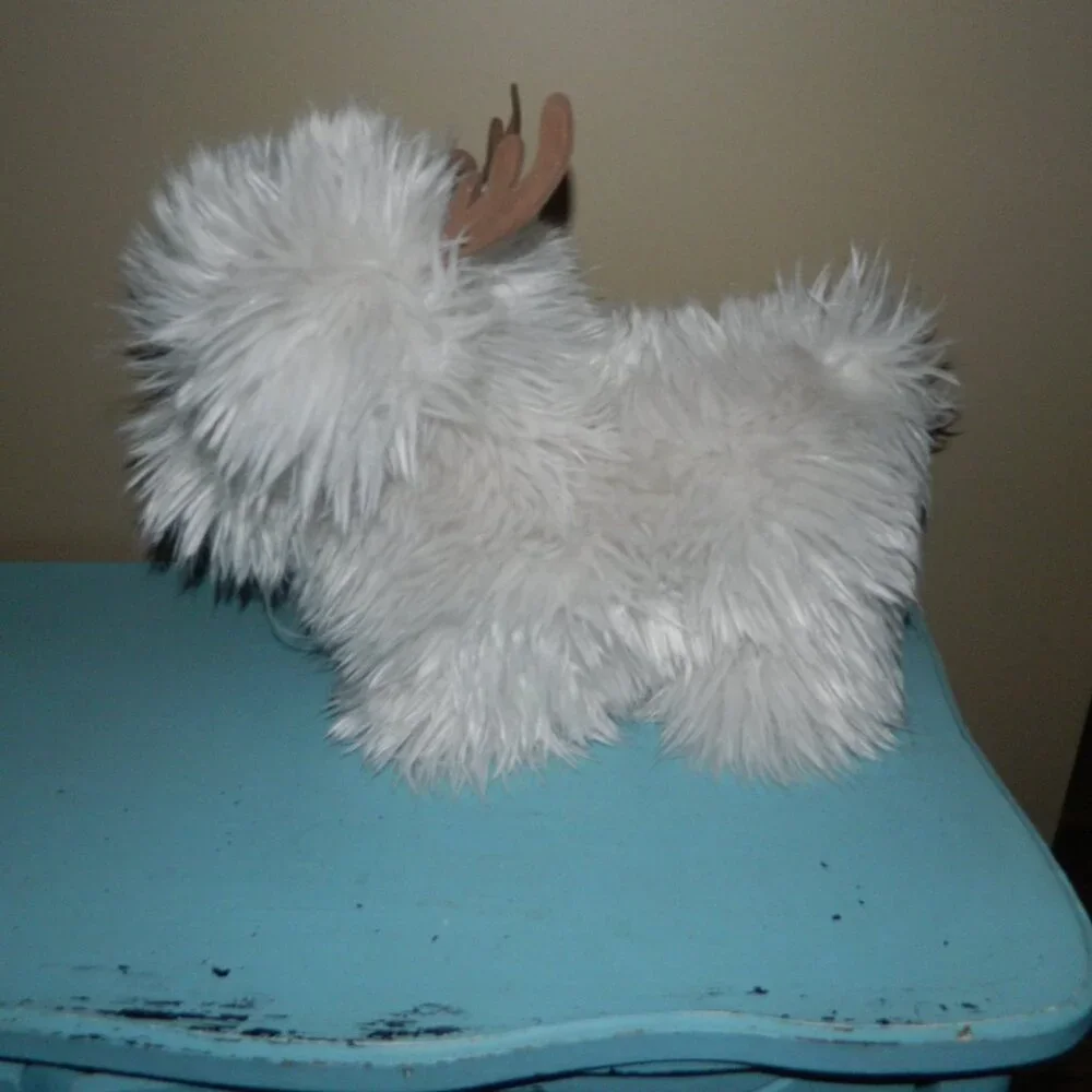 Pottery Barn Luxe Faux Fur Dog w/ Antlers Shaped Pillow Christmas